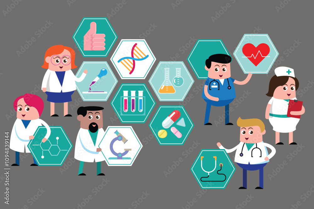 emotion cute vector, illustration flat cartoom character man and woman scientists doctor engineering medicine in laboratory reasearch new drugs in chemistry concept.