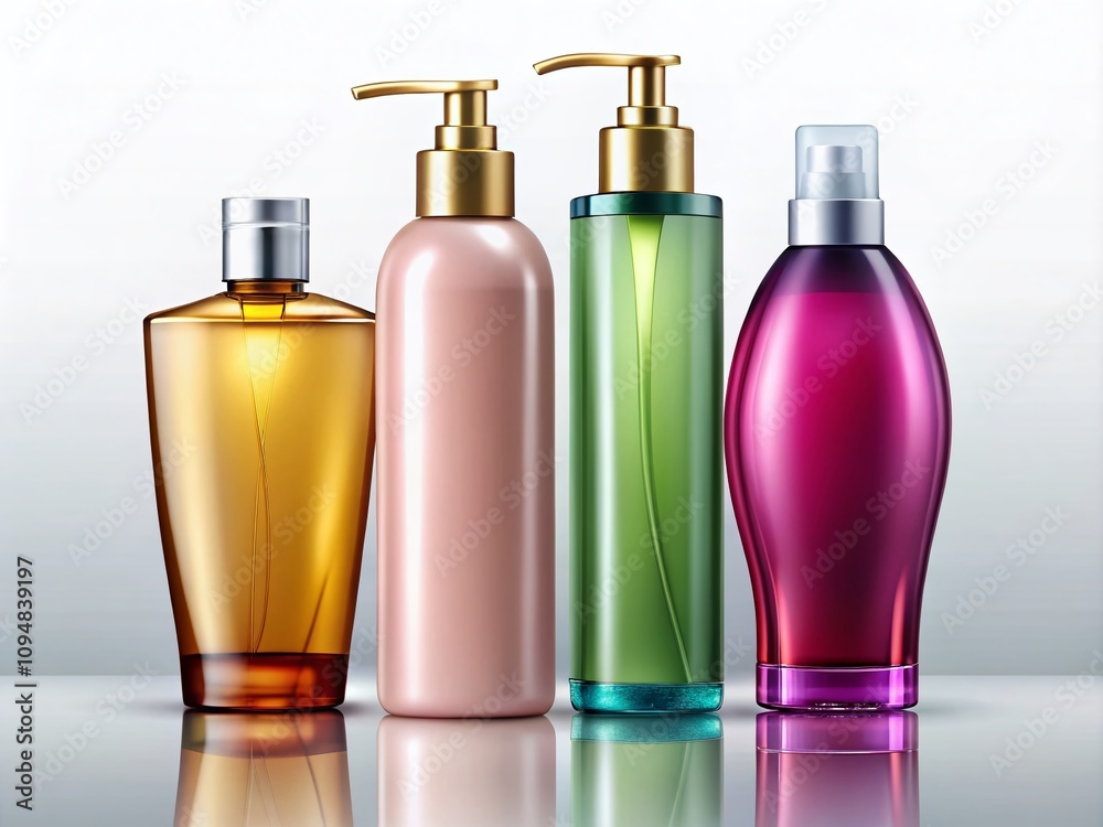 A Variety of Shampoo Bottles and Jars Isolated on a Clear Background for Hair Care Product Promotion and Advertising A Variety of Shampoo Bottles and Jars Isolated on a Clear Background for Hair Care Product Promotion and Advertising
