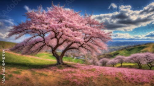 A vibrant landscape featuring a blooming cherry blossom tree under a blue sky.