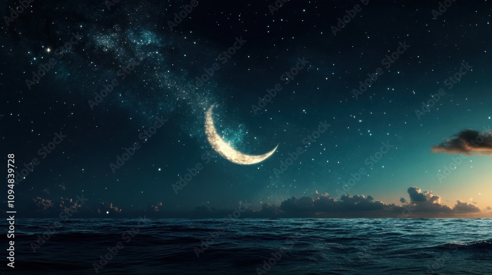 Crescent moon reflecting over a tranquil ocean under a starry night sky, AI Crescent moon reflecting over a tranquil ocean under a starry night sky, AI