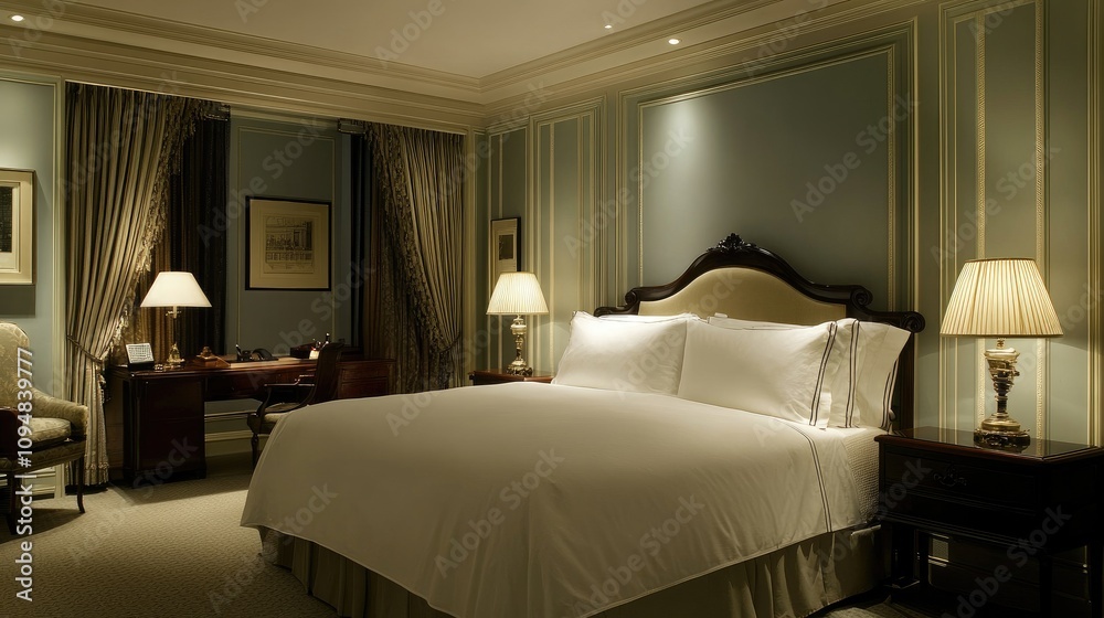 A serene bedroom with a soothing color scheme, showcasing a beautiful bed with an elegant headboard, surrounded by soft lighting and decorative accents A serene bedroom with a soothing color scheme, showcasing a beautiful bed with an elegant headboard, surrounded by soft lighting and decorative accents