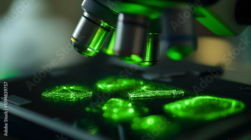 A highly magnified image of beneficial bacteria cells, depicted in vibrant green, showcasing their microscopic structure and emphasizing their vital role in health, digestion, and environmental sustai photo