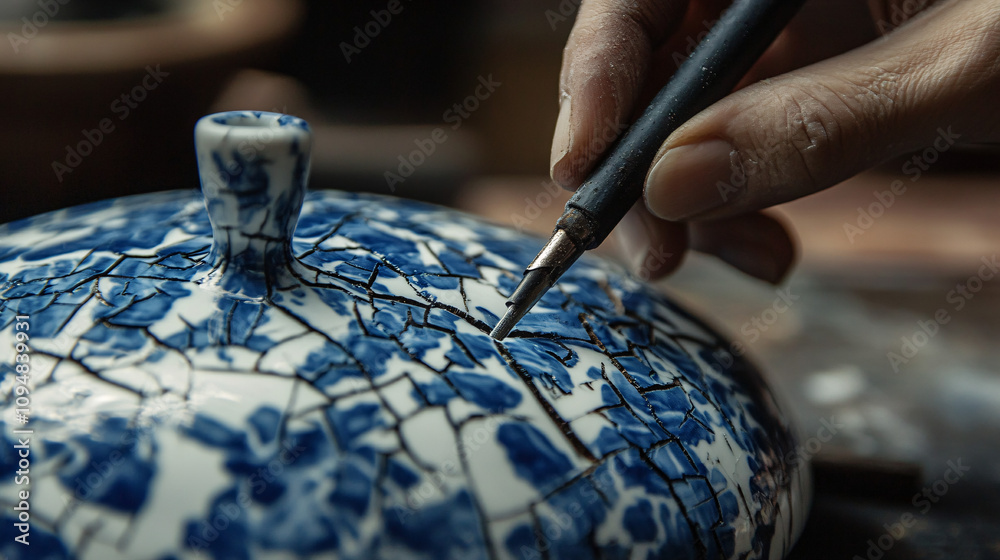 Fototapeta premium Close-Up of Hands Restoring Cracked Porcelain with Intricate Blue Patterns, Emphasizing Traditional Techniques, Precision, and Craftsmanship