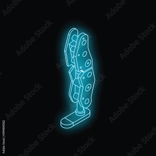 Blue glowing neon robotic leg standing on a black background, perfect for futuristic and technological projects