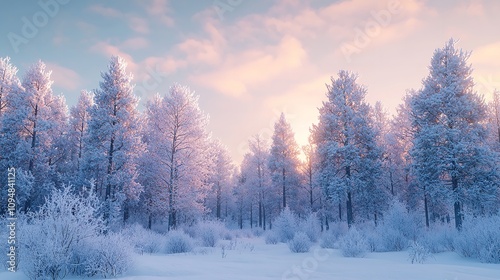 Pine trees covered with snow on a frosty evening, beautiful winter scene