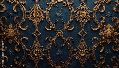 Luxurious ornate wallpaper design with gold patterns and copy space for design
