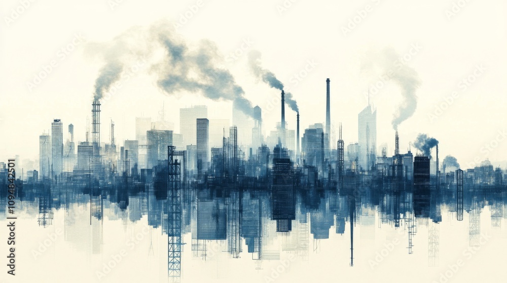 A cityscape silhouette filled with industrial smokestacks, illustrating pollution and environmental challenges in a modern world. A cityscape silhouette filled with industrial smokestacks, illustrating pollution and environmental challenges in a modern world.