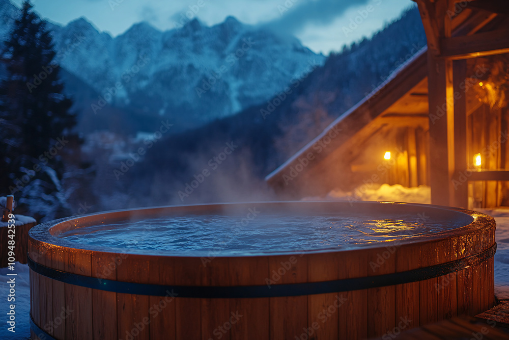 Outdoor Hot Tub with Steam Rising in a Scenic Winter Mountain Setting at Dusk, Highlighting Relaxation, Warmth, and Luxury Amid Snowy Landscapes Outdoor Hot Tub with Steam Rising in a Scenic Winter Mountain Setting at Dusk, Highlighting Relaxation, Warmth, and Luxury Amid Snowy Landscapes