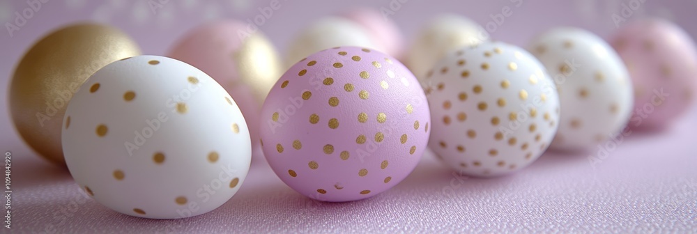 Pastel Easter Eggs with Gold Polka Dot Patterns on Lavender Background, Festive Holiday Decoration