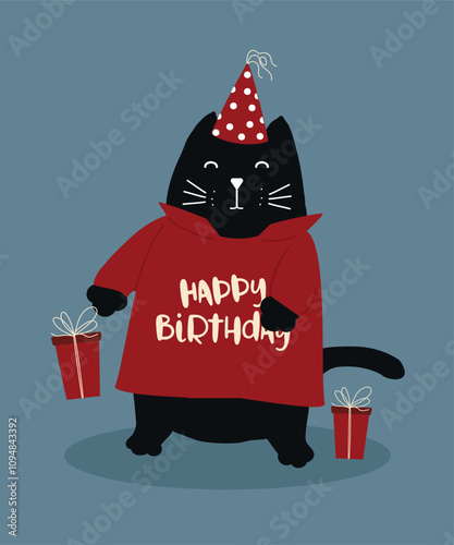 Flat Design Card with Happy Birthday  Style at Cute Black Cat 