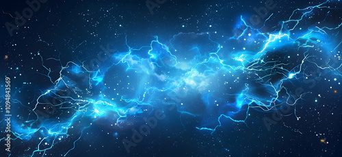 A blue electric background with lightning bolts and sparks on a dark sky, high resolution. 