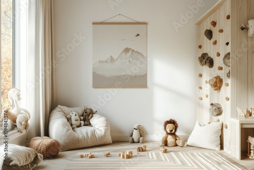  A minimalist playroom with a wooden climbing wall, a neutral color scheme