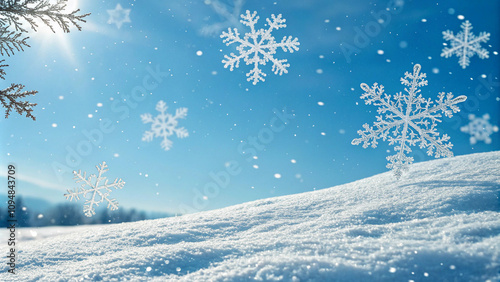 A snowflake is on top of a snow covered ground
