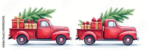 Set of Christmas red truck with christmas tree, gift boxed watercolor style vector illustrations isolated. Traditional New Year, Winter Holidays design elements for cards, invitations, banners photo