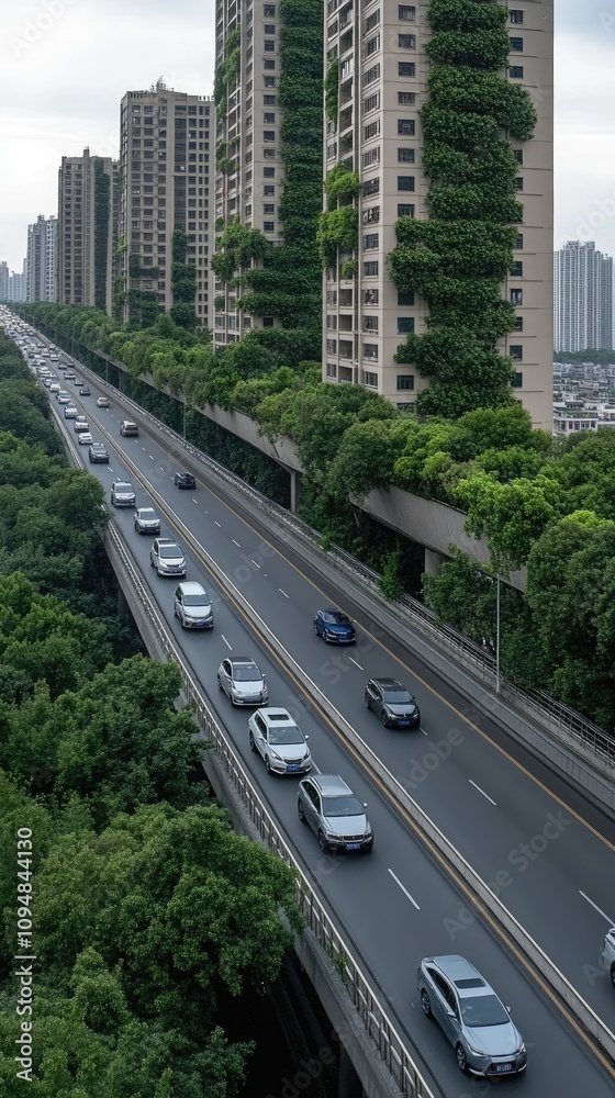 A modern complex features lush greenery atop skyscrapers, connected by bridges, while traffic flows along the bustling road below in Guangzhou A modern complex features lush greenery atop skyscrapers, connected by bridges, while traffic flows along the bustling road below in Guangzhou