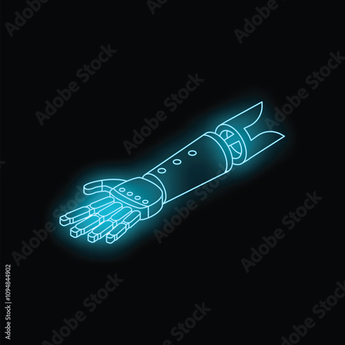 Glowing neon blue bionic arm extending on a dark background
