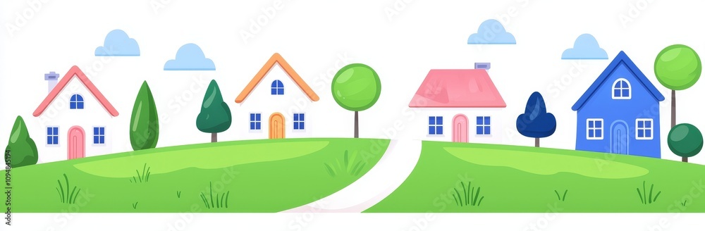A modern cartoon depiction of a suburban landscape, showing a forest with green trees and grass, a soil path that leads to family homes with yards, and quaint cottages. A modern cartoon depiction of a suburban landscape, showing a forest with green trees and grass, a soil path that leads to family homes with yards, and quaint cottages.