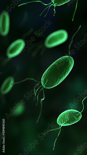 A highly magnified image of beneficial bacteria cells, depicted in vibrant green, showcasing their microscopic structure and emphasizing their vital role in health, digestion, and environmental sustai photo