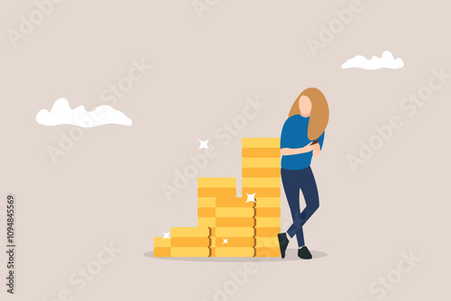 young woman working with mobile phone standing side heap of dollar coin. concept of Online business making money, salary or multi income stream, side hustle or side gig earning, investment return