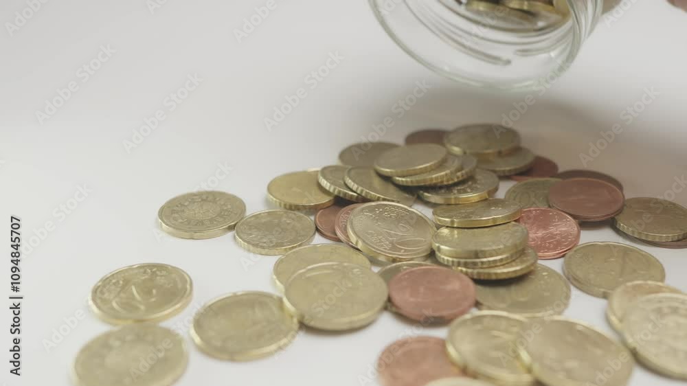 A glass jar full of coins tipping over, spilling currency symbols for savings, budgeting, and financial growth. The scene conveys concepts like wealth, investment, and money management. A glass jar full of coins tipping over, spilling currency symbols for savings, budgeting, and financial growth. The scene conveys concepts like wealth, investment, and money management.