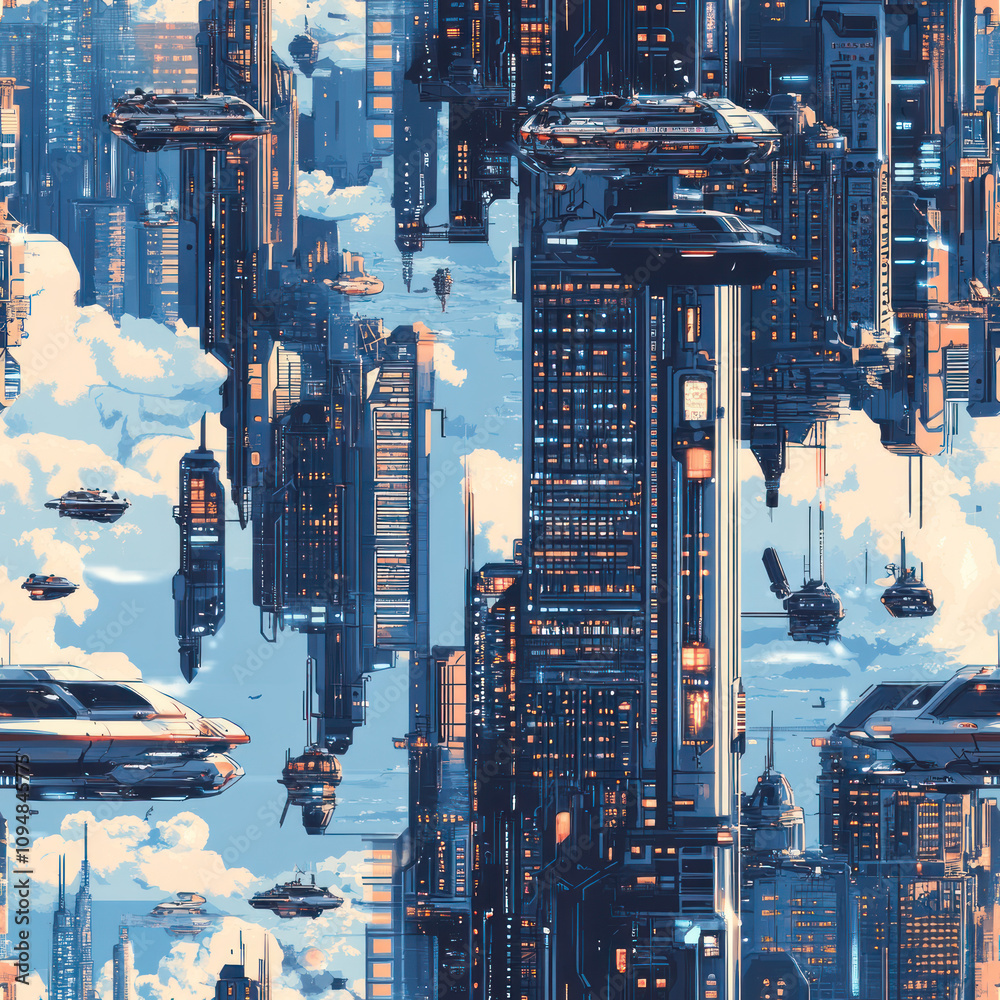 Fototapeta premium Futuristic Cityscape Seamless Pattern Featuring Towering Skyscrapers and Flying Vehicles in a Cyberpunk Style with Vibrant Colors and Intricate Details