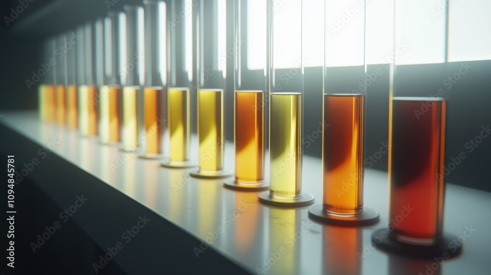 Test tubes filled with vibrant liquids are neatly arranged on a lab countertop. The evening light creates a stunning glow, enhancing the colors of the liquids as a science experiment unfolds. Test tubes filled with vibrant liquids are neatly arranged on a lab countertop. The evening light creates a stunning glow, enhancing the colors of the liquids as a science experiment unfolds.