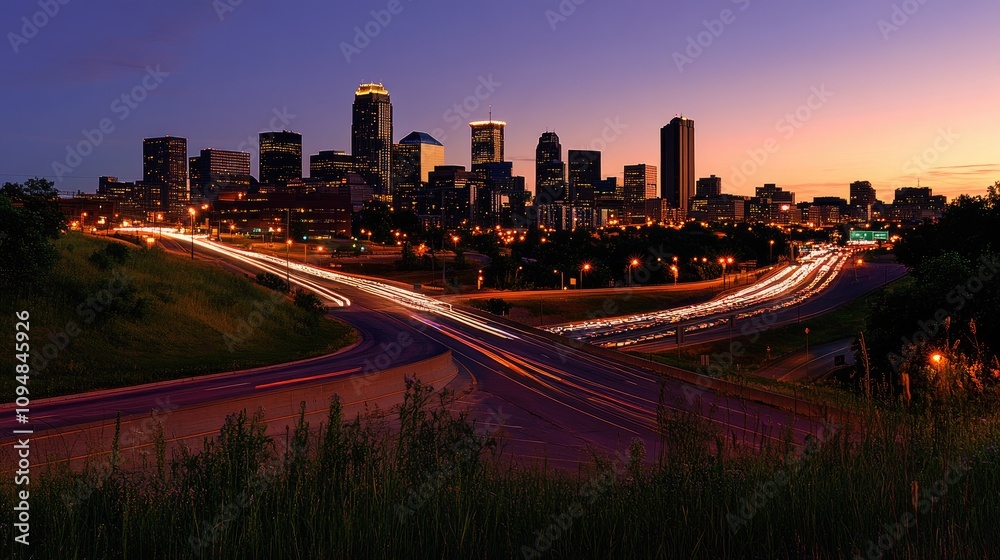 Obraz premium A sweeping view of a city skyline at night, with prominent streets and highways glowing with traffic, highlighting the bustling energy of urban life.