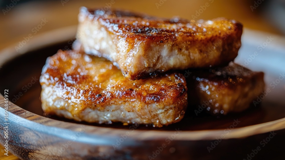 A tantalizing close-up of freshly cooked crispy pork, showcasing its golden-brown crackling skin and succulent meat, served on a rustic wooden plate. A tantalizing close-up of freshly cooked crispy pork, showcasing its golden-brown crackling skin and succulent meat, served on a rustic wooden plate.