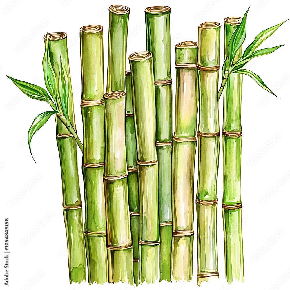 Obraz premium Watercolor painting of a cluster of vibrant green bamboo stalks with fresh leaves.
