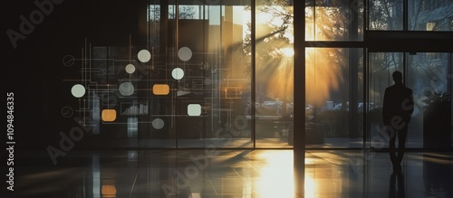 Sunset Silhouette: Businessman Contemplating Data Visualization