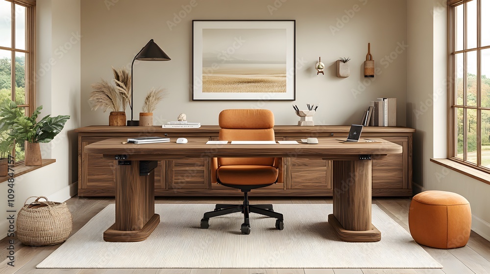 Professional office setup with minimalist decor, featuring a clutter-free desk and modern details designed for virtual meetings Professional office setup with minimalist decor, featuring a clutter-free desk and modern details designed for virtual meetings