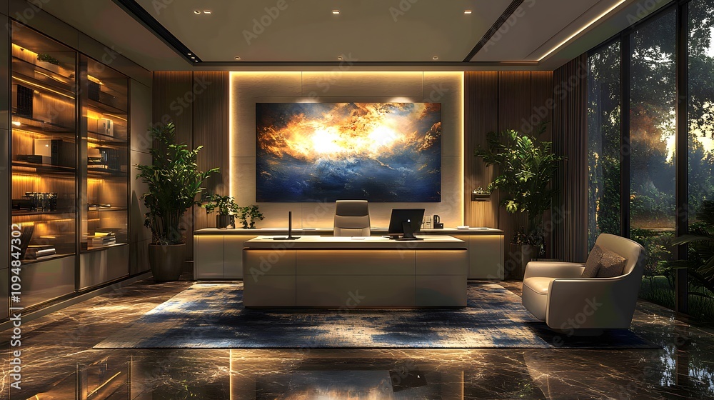 Virtual meeting-ready office setup with a neat desk, contemporary furnishings, and clean lines for a polished look Virtual meeting-ready office setup with a neat desk, contemporary furnishings, and clean lines for a polished look