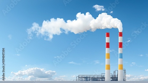 Tall industrial smokestacks releasing steam from a fuel processing plant or factory set against a clean hazy atmosphere in an urban or industrial landscape photo