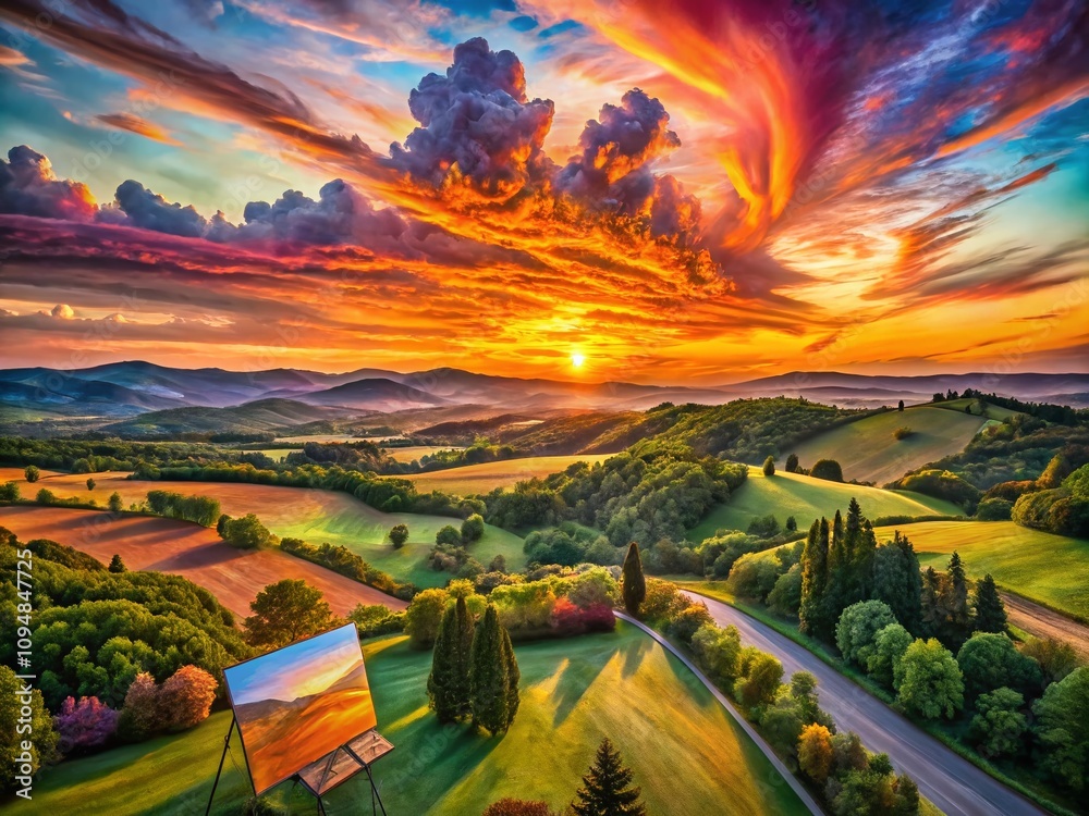 Fototapeta premium Breathtaking Drone Photography of Sunset Drawings Capturing Vivid Colors and Serene Landscapes, Perfect for Nature Lovers and Art Enthusiasts Alike in Stunning Detail