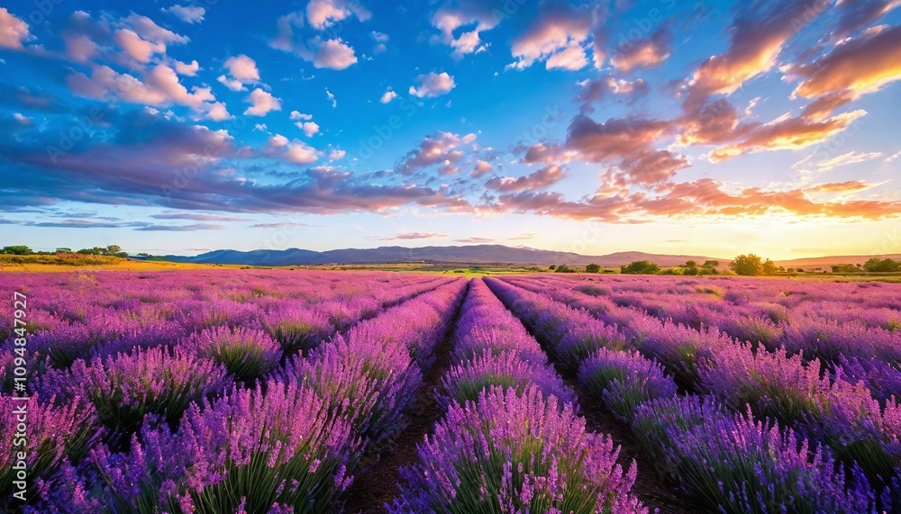 Lavender in a field under a blue sky at sunset. Lavender in a field under a blue sky at sunset.