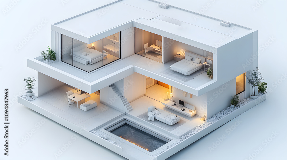 Clean office space with adjustable ergonomic furniture and integrated modern technology, rendered in 3D isometric Clean office space with adjustable ergonomic furniture and integrated modern technology, rendered in 3D isometric