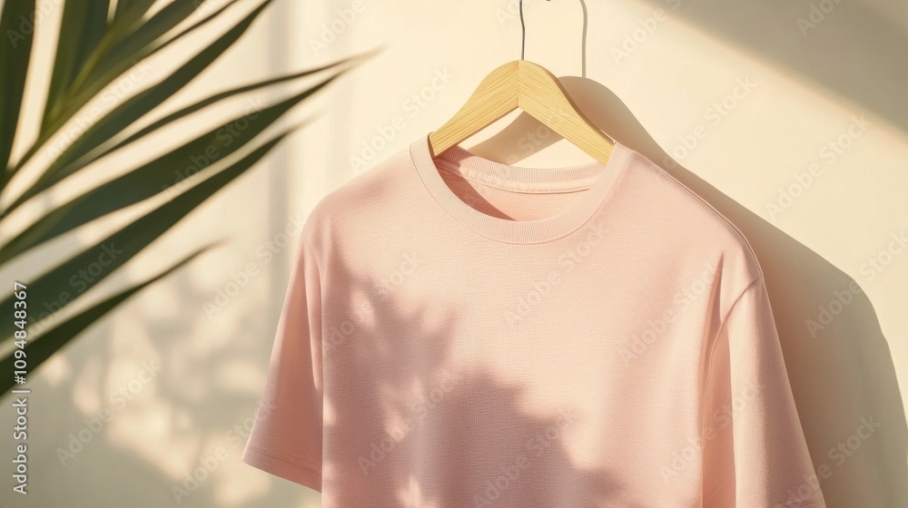 A soft pink t-shirt is displayed on a wooden hanger, showcasing its subtle hues. Natural light filters through a nearby window, creating gentle shadows and adding warmth to the setting. A soft pink t-shirt is displayed on a wooden hanger, showcasing its subtle hues. Natural light filters through a nearby window, creating gentle shadows and adding warmth to the setting.