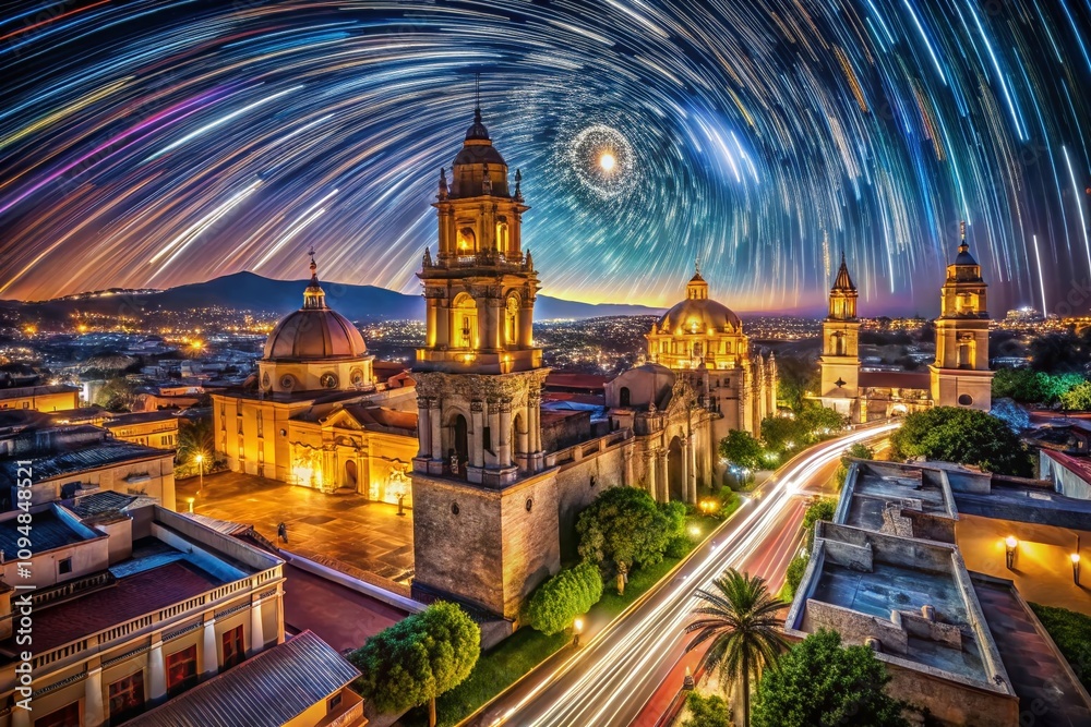 Naklejka premium Breathtaking Long Exposure Night Scene in Jalisco, Mexico Showcasing Vibrant Lights, Historic Architecture, and Star Trails Over a Scenic Landscape