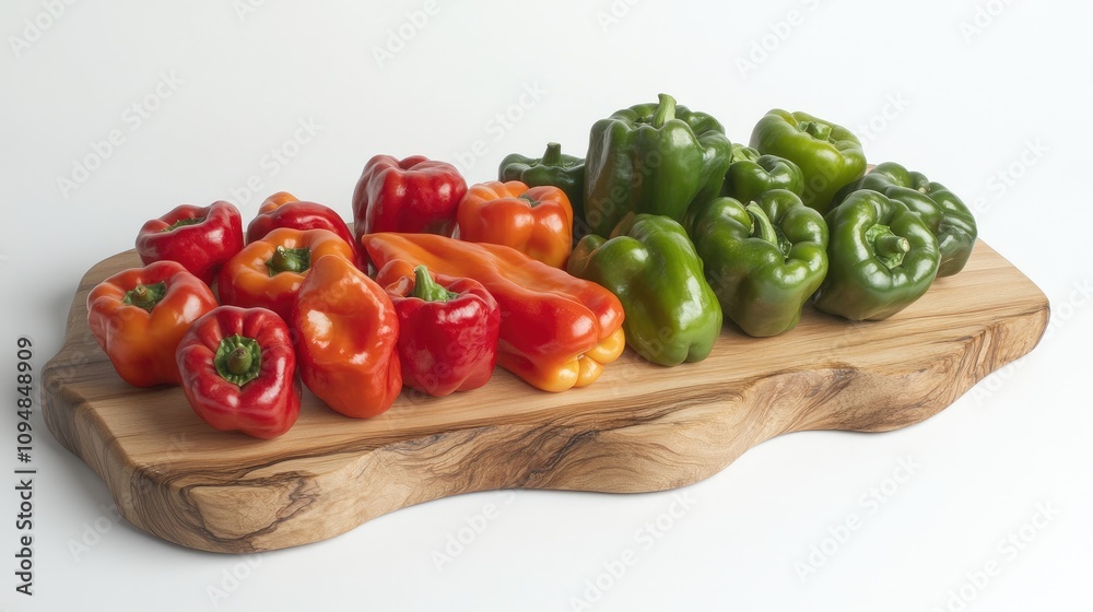 A vibrant assortment of fresh red and green chili peppers arranged on a wooden cutting board, showcasing their glossy skin and natural shine against a clean background.