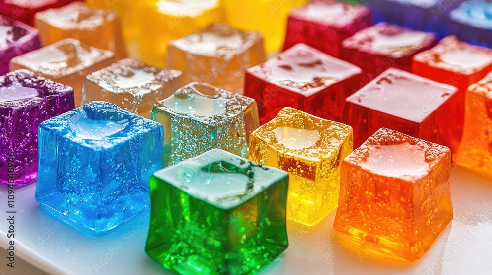 A vibrant array of colorful jelly cubes arranged artfully on a white plate, showcasing a variety of flavors and textures that entice the viewer. A vibrant array of colorful jelly cubes arranged artfully on a white plate, showcasing a variety of flavors and textures that entice the viewer.