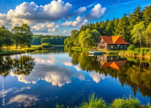 Breathtaking Panorama of Het Hulsbeek Recreation Area near Oldenzaal in Twente, The Netherlands, Showcasing Scenic Landscapes and Architectural Elements in Nature photo