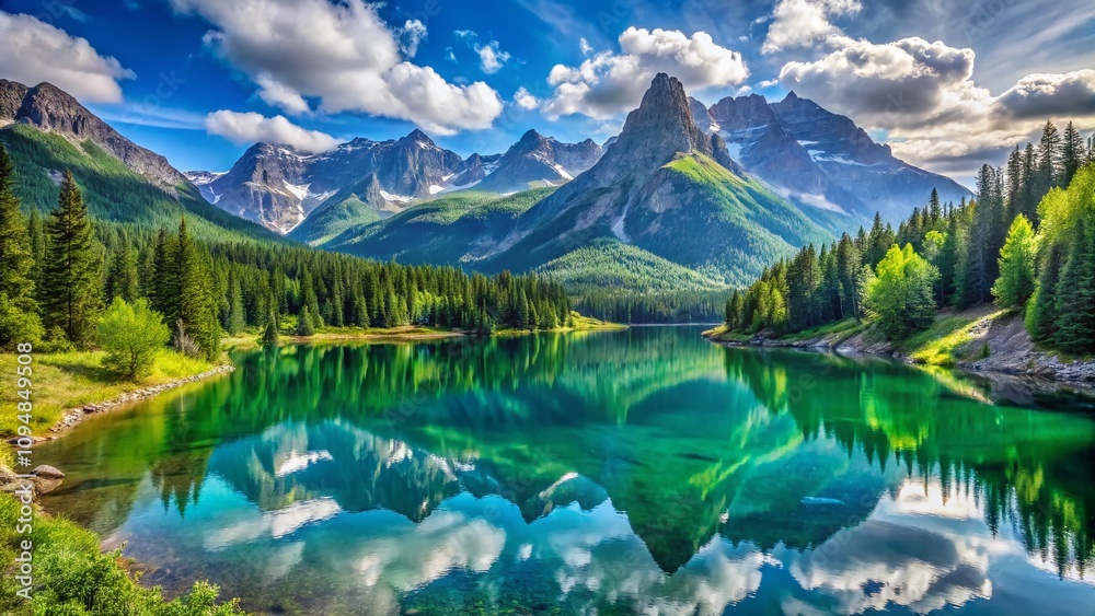 Fototapeta premium Breathtaking Panoramic Landscape of Majestic Mountains and Lush Valleys Under a Clear Blue Sky with a Serene Lake Reflecting the Natural Beauty of the Surrounding Wilderness