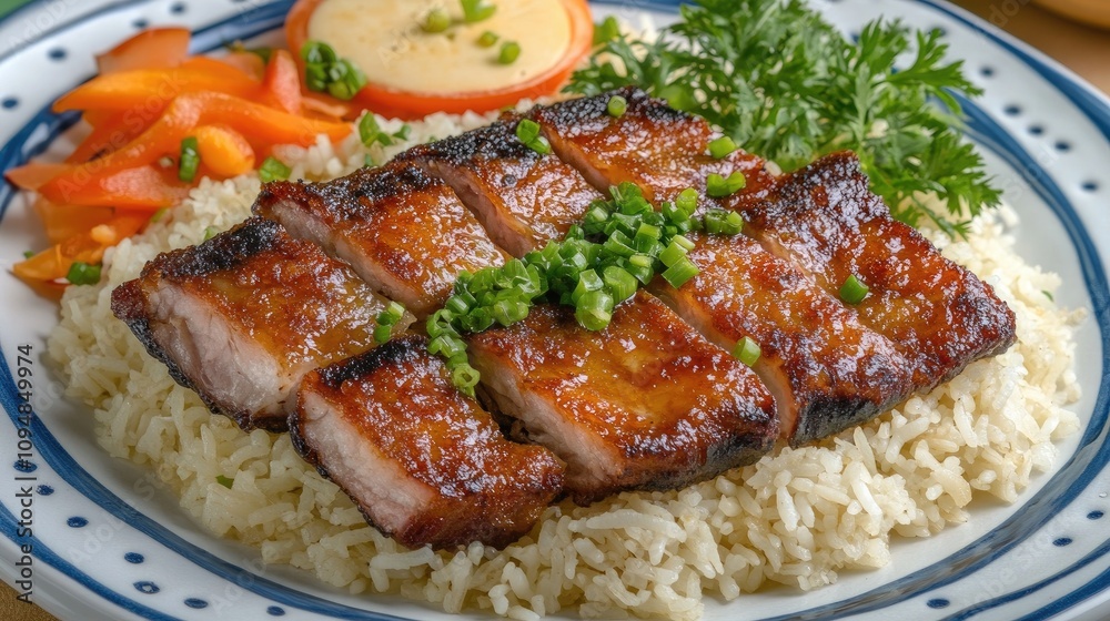 A vibrant display of crispy pork served alongside fragrant jasmine rice and colorful vegetables, emphasizing a delicious and appetizing meal. A vibrant display of crispy pork served alongside fragrant jasmine rice and colorful vegetables, emphasizing a delicious and appetizing meal.