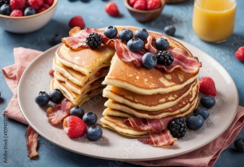 A plate of fluffy pancakes with bacon and berries on top, viewed from above