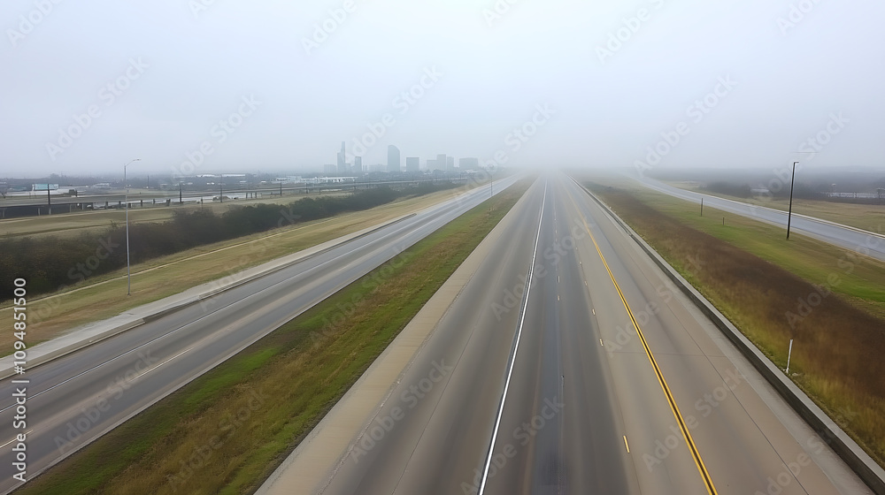 An empty express lane on a highway in the early morning, shrouded in fog, creating a quiet and mysterious atmosphere, highlighting the solitude and calmness of a foggy commute.
An empty express lane on a highway in the early morning, shrouded in fog, creating a quiet and mysterious atmosphere, highlighting the solitude and calmness of a foggy commute.