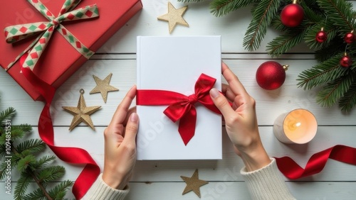 Christmas decoration, white book mockup for present, red bow, candles, stars, top view on white wooden table