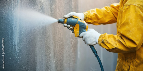 Close-up of Construction worker cleaning a facade of a building using a high pressure water jet. Building cleaning