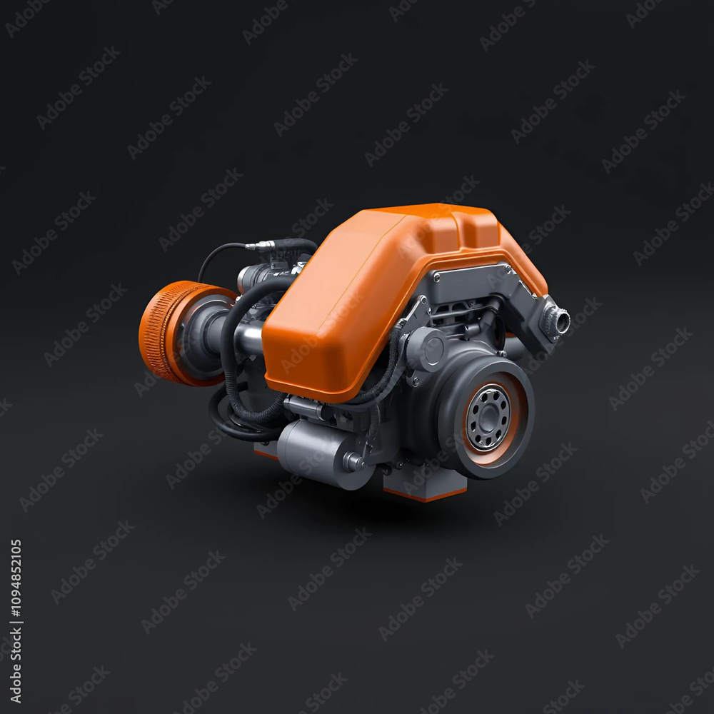 Fototapeta premium Here is the 3D rendering of the orange car engine on a dark background