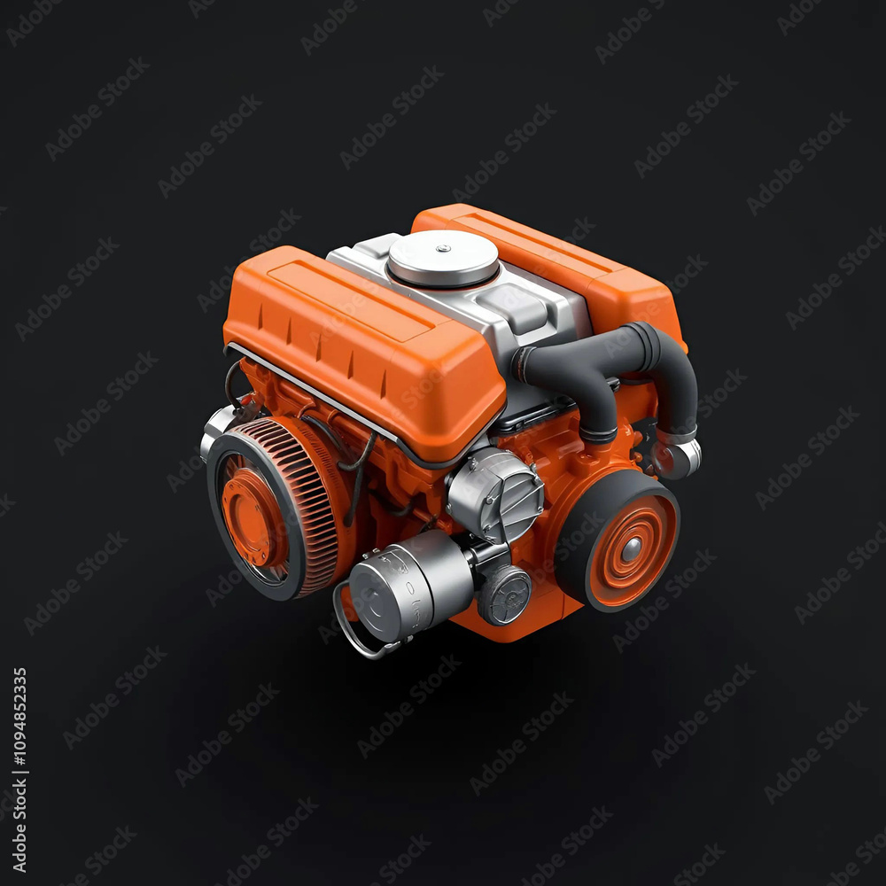 Fototapeta premium Here is the 3D rendering of the orange car engine on a dark background