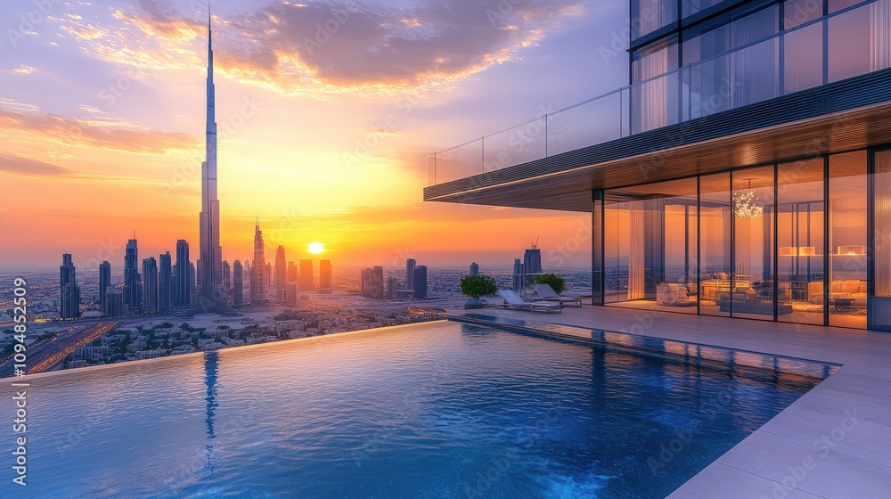 Fototapeta premium Rooftop Infinity Pool Overlooking Dubai Skyline Sunset